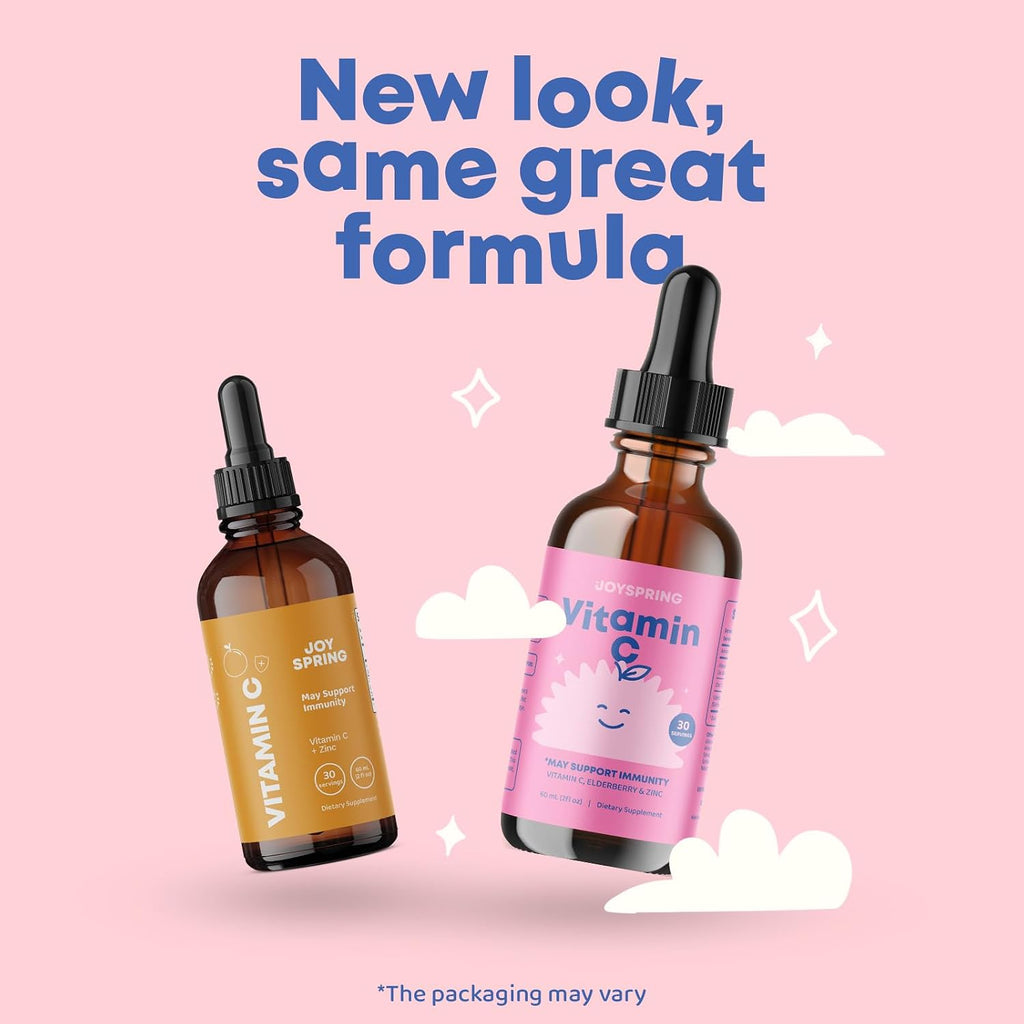 JoySpring Vitamina C y Zinc para Niños con Saúco, Suplemento Líquido | Sin Alcohol | 3+ Años (60 ml, 30 Dosis)