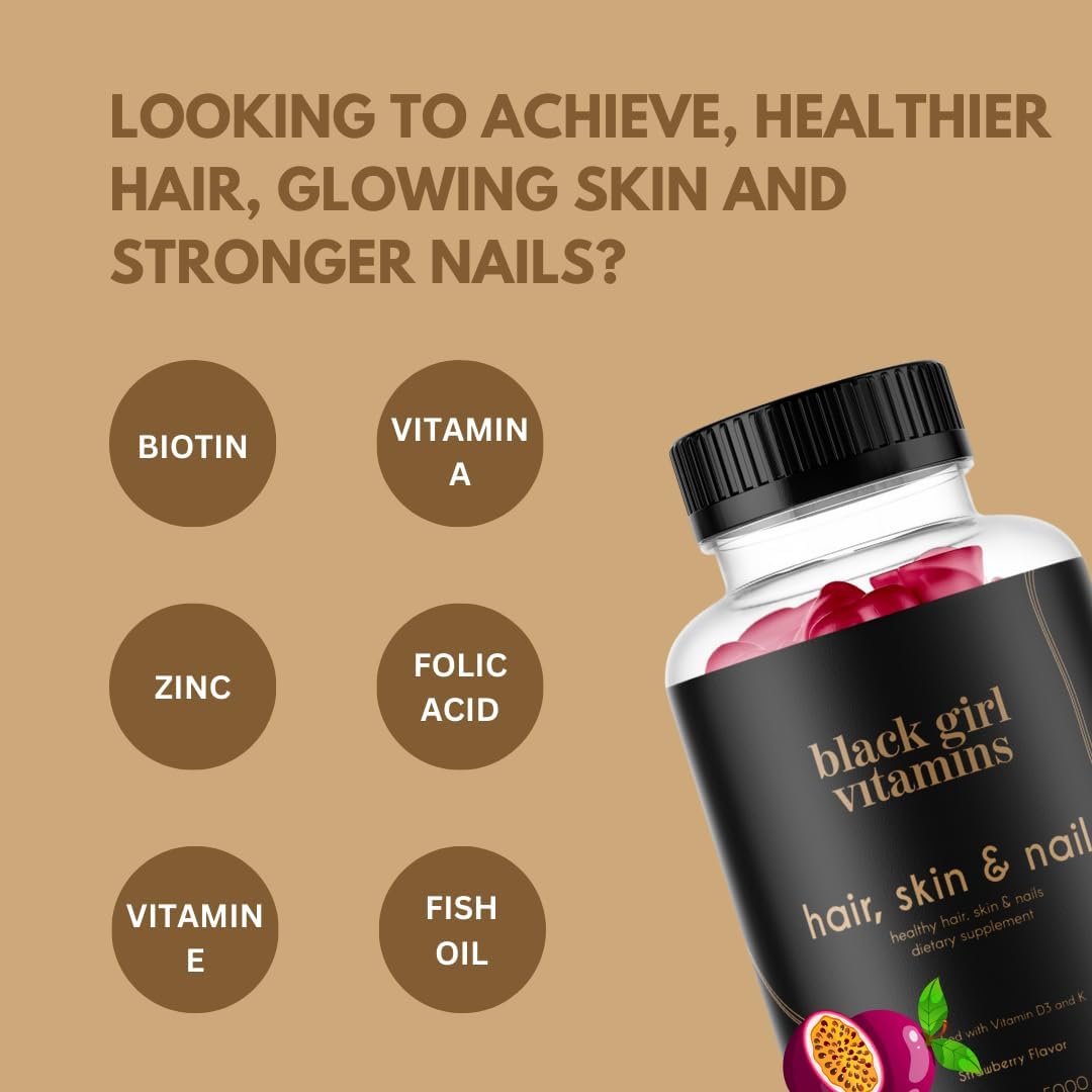 Black Girl Vitamins - Gomitas para Cabello, Piel y Uñas con Biotina (6000 mcg), Zinc, Vitamina A y Vitamina E - Sin Gelatina, Sin Gluten - Sabor Maracuyá (120 unidades, 60 días)