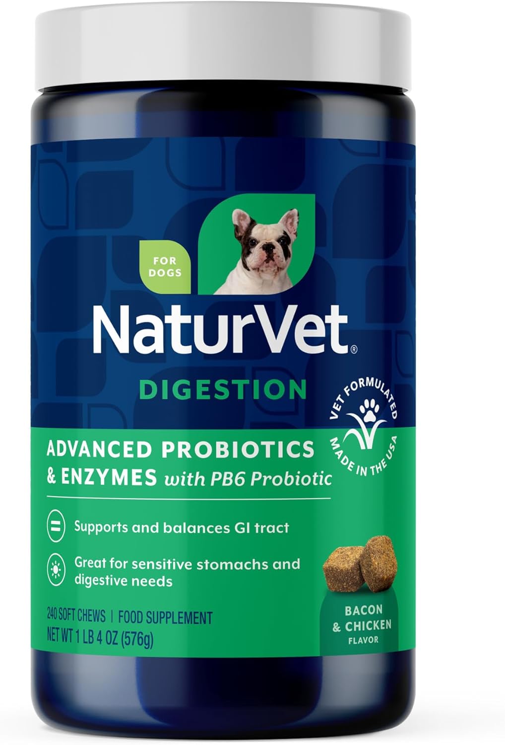 NaturVet Probióticos y Enzimas Avanzados PB6 - Masticables para Perros - Sabor Bacon Ahumado - 240 Unidades
