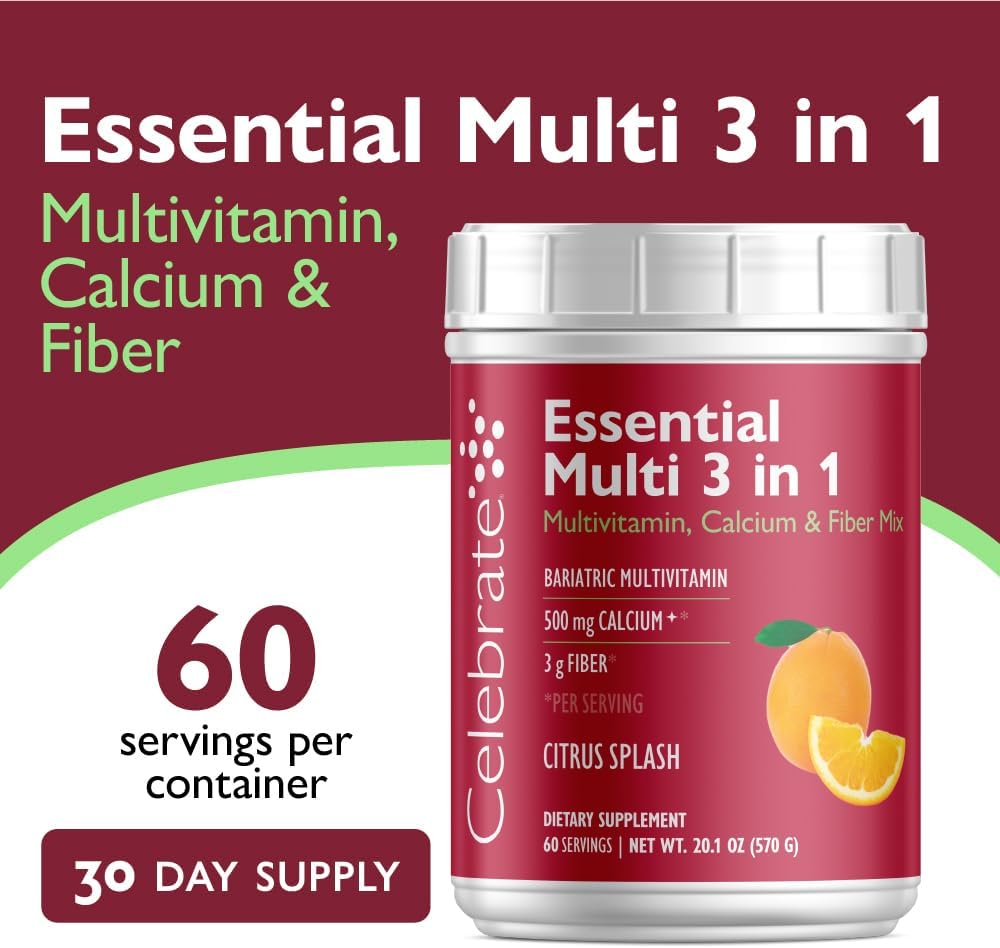 Celebrate Vitamins 3-in-1 Multivitamínico Bariátrico con Citrato de Calcio - Mezcla en Polvo para Beber - Sabor Cítricos - 60 Porciones
