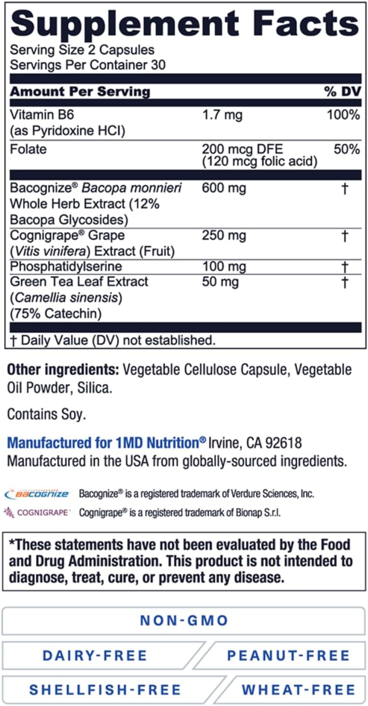 MindMD de 1MD Nutrition - Suplemento para la Memoria y Concentración (60 Cápsulas)