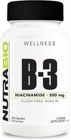NutraBio Niacinamida 500mg - 120 Cápsulas Vegetales - Vitamina B3 sin Flush