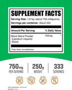 BulkSupplements.com Polvo de Maca Negra - Suplemento de Raíz de Maca Negra, Complemento Herbario para Hombres y Mujeres - Vegano, Sin Gluten, 750mg por Ración, 250g