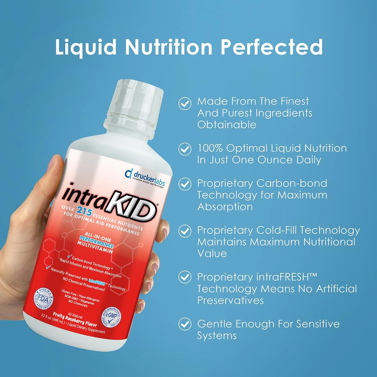 intraKID Multivitamínico Líquido Orgánico para Niños - 946 ml - Sabor Frambuesa