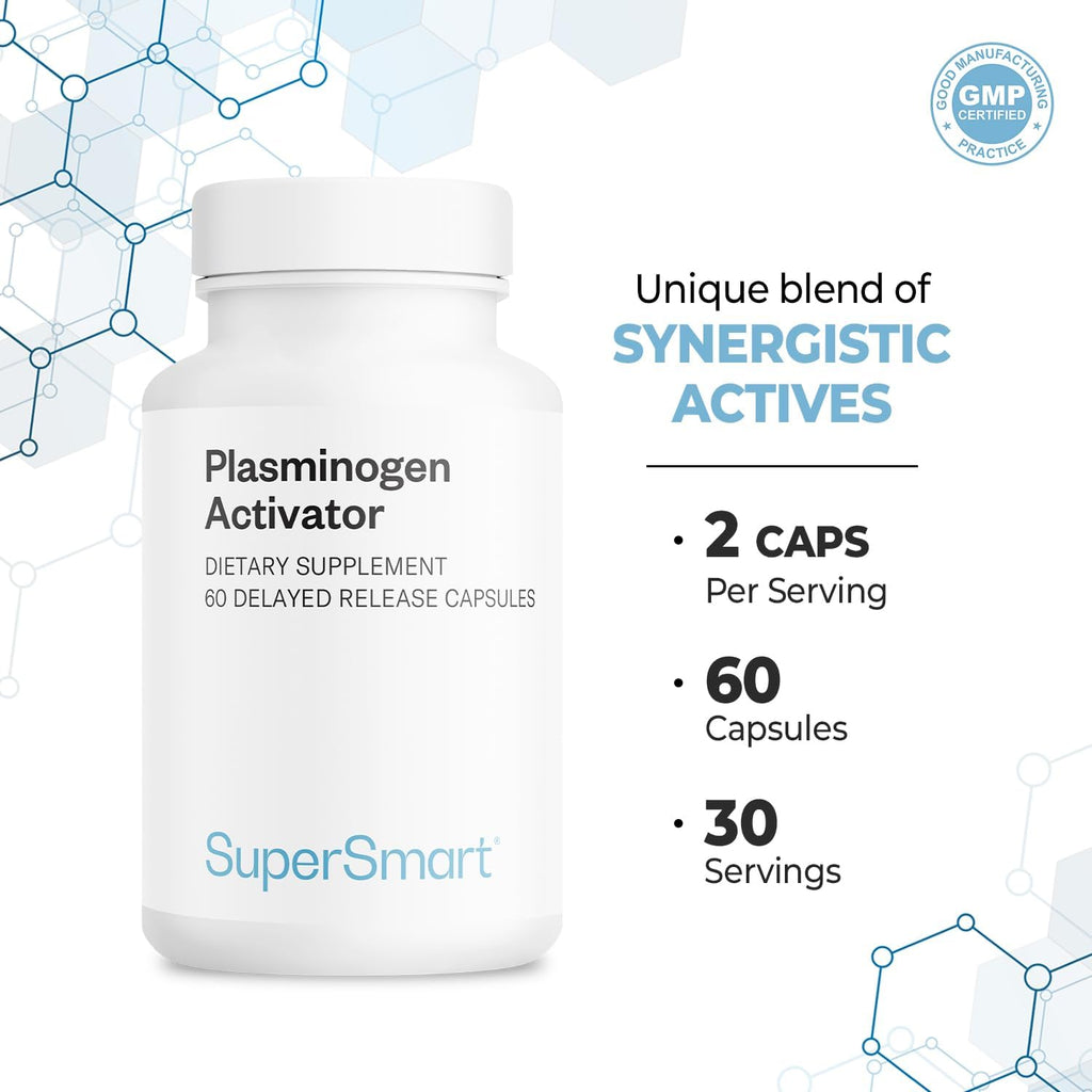 Supersmart Activador del Plasminógeno (Fórmula Avanzada) - con Pterostilbeno, Nattokinasa, Serrapeptasa, OPC - Suplemento Antioxidante de Alta Potencia | No-GMO y Sin Gluten - 60 Cápsulas de Liberación Retardada