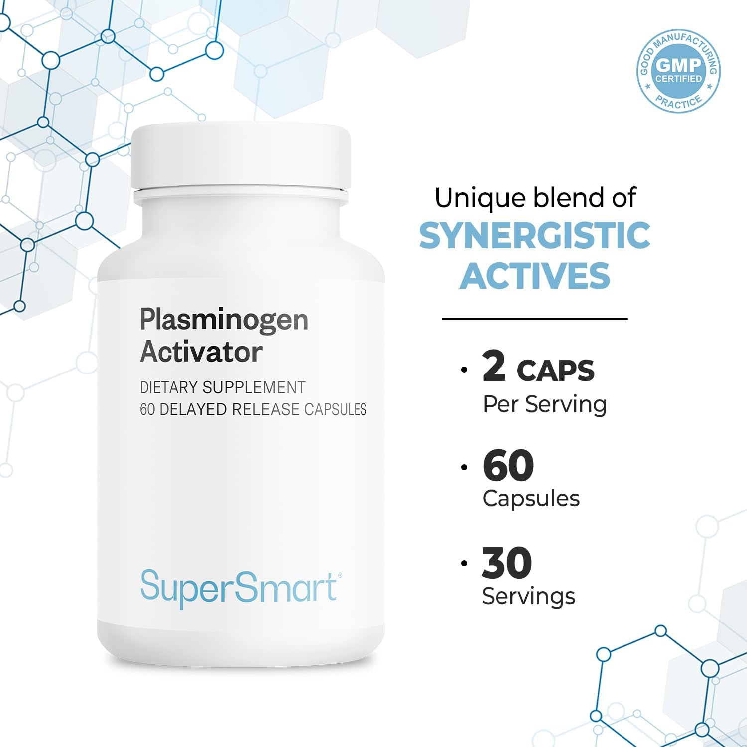 Supersmart Activador del Plasminógeno (Fórmula Avanzada) - con Pterostilbeno, Nattokinasa, Serrapeptasa, OPC - Suplemento Antioxidante de Alta Potencia | No-GMO y Sin Gluten - 60 Cápsulas de Liberación Retardada