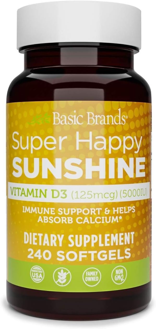 Basic Brands Super Happy Sunshine Vitamina D3 5000 IU | 240 Cápsulas Blandas