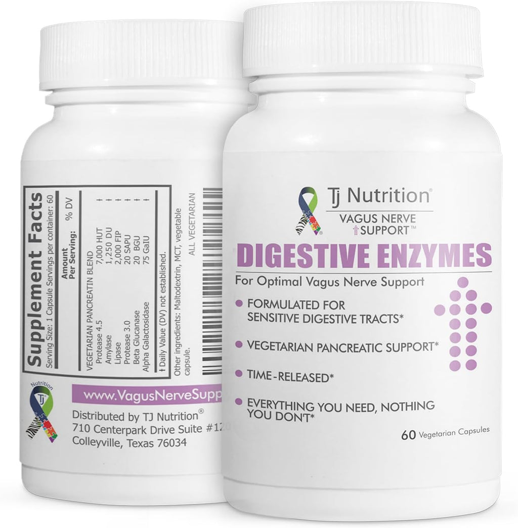 TJ Nutrition Enzimas Digestivas para Estómagos Sensibles - Apoyo al Nervio Vago, Fórmula Vegetariana de Liberación Programada