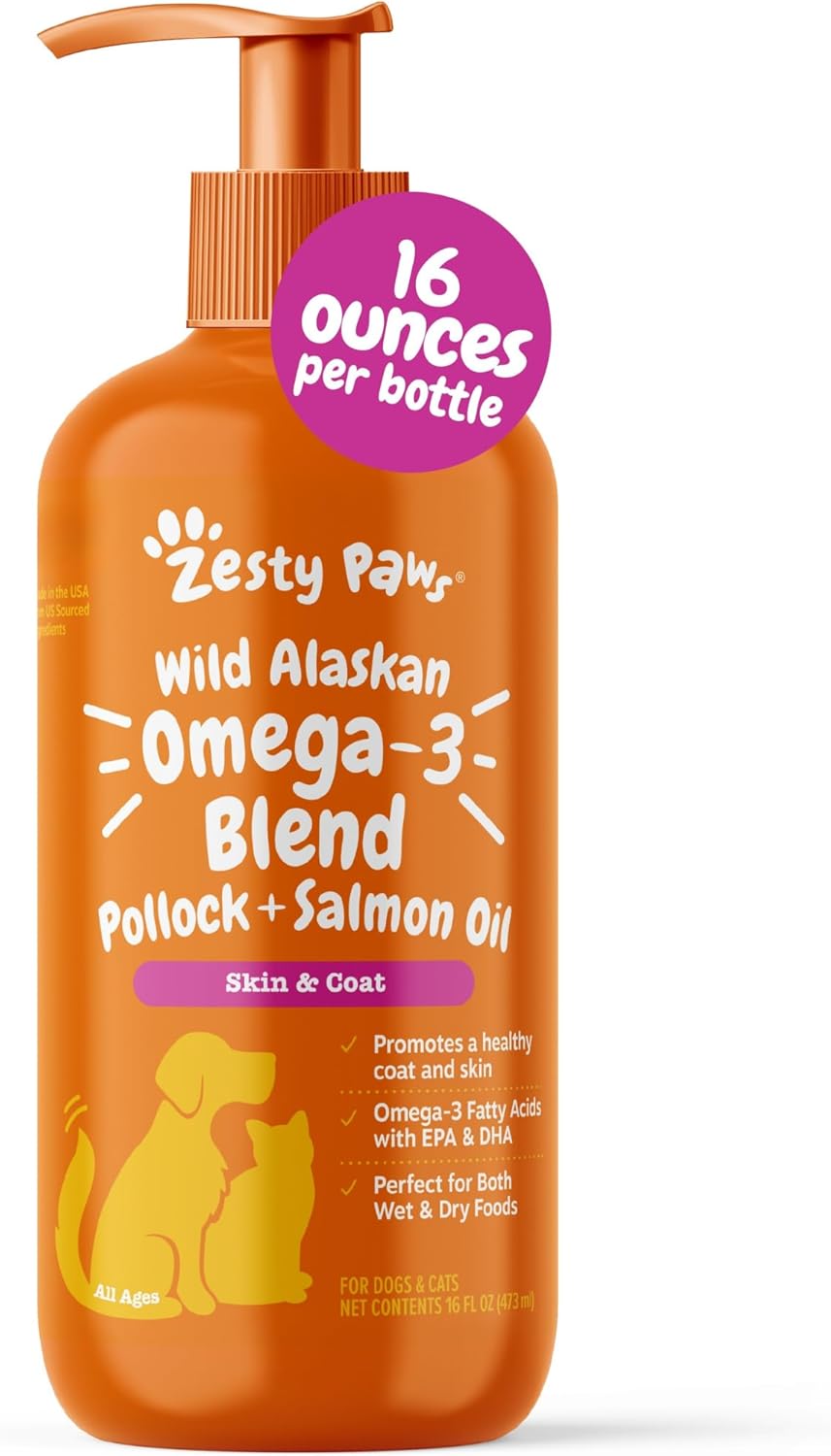 Zesty Paws Salmon Omega Oil + Hemp – Aceite de Salmón con Cáñamo para Perros y Gatos, 946 ml