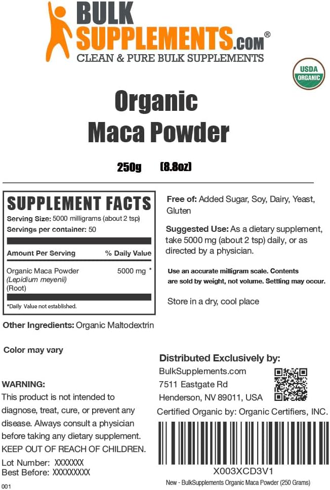 BulkSupplements.com Maca Orgánica en Polvo - Raíz de Maca Orgánica, Superalimento, Sin Gluten, 5g por Ración, 250g