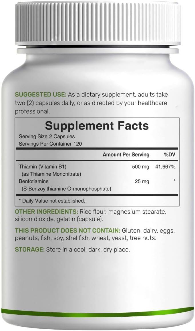 DEAL SUPPLEMENT Vitamina B1 500mg con Benfotiamina, 240 Cápsulas – Fórmula Mejorada 2 en 1