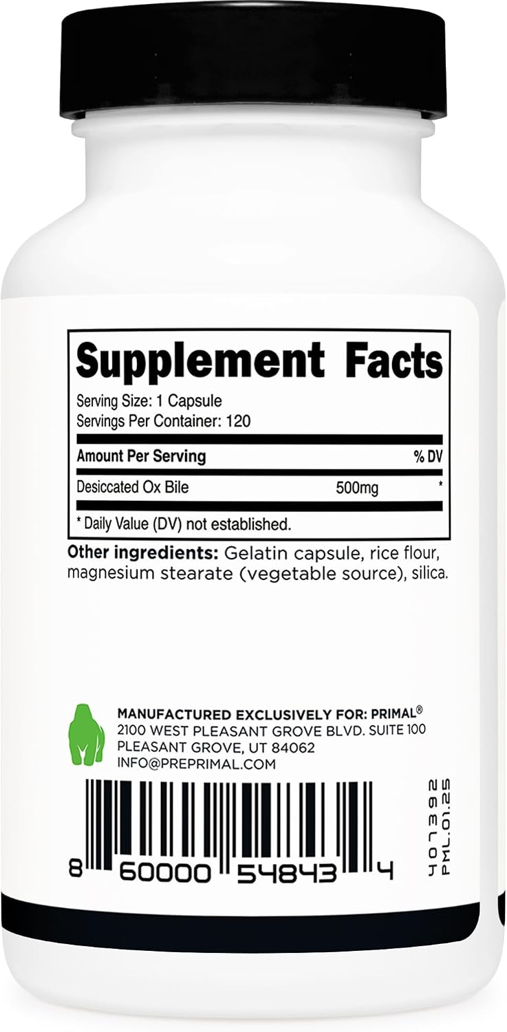 Primal Ox Bile (120 Cápsulas, 500 mg por Porción) – Sin Gluten, Sin OGM, Probado por Terceros