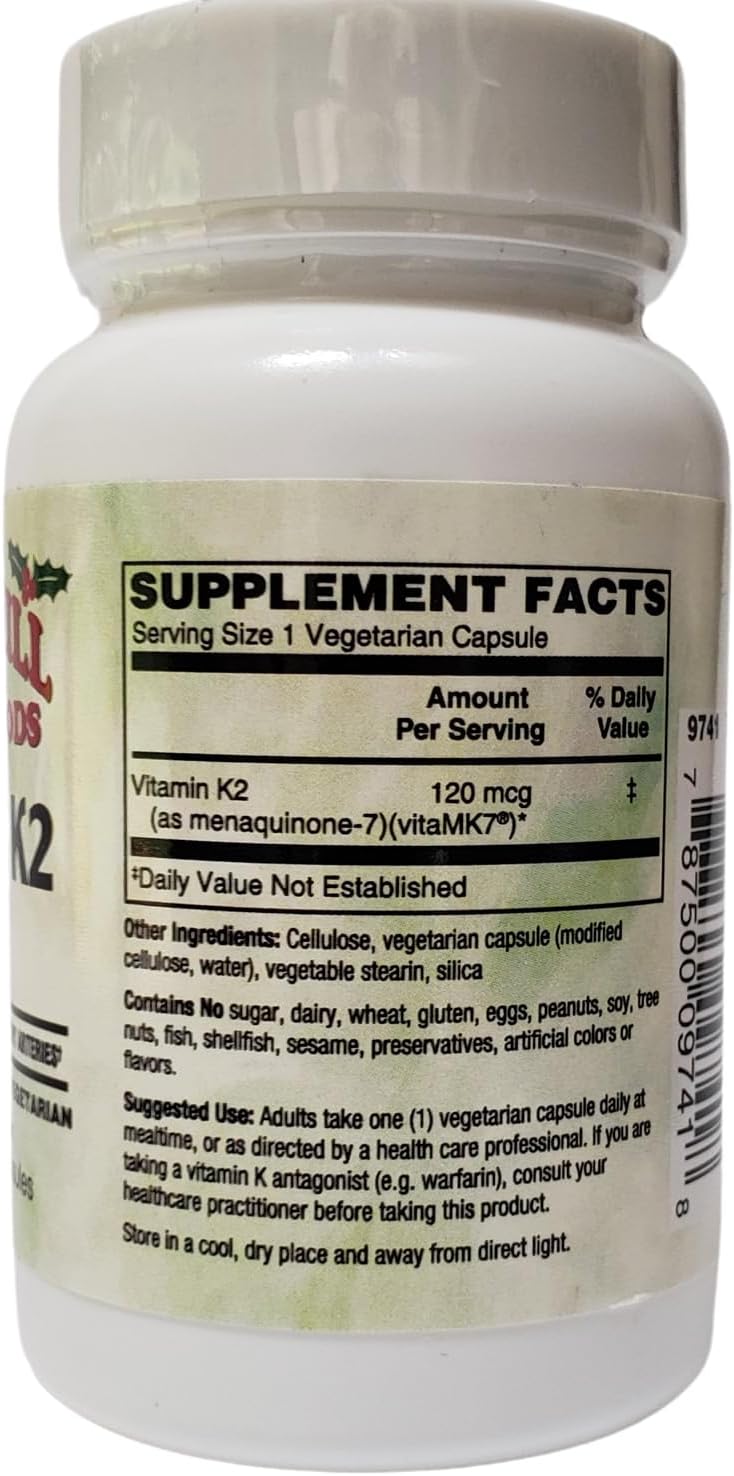 Holly Hill Health Foods Vitamina K2, 120 mcg, con vitaMK7® K2, 60 Cápsulas Vegetales
