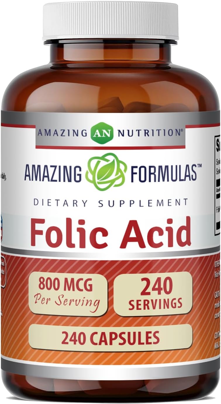 Amazing Formulas Ácido Fólico (Vitamina B9) 800 mcg - 240 Cápsulas - No-GMO, Sin Gluten