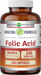 Amazing Formulas Ácido Fólico (Vitamina B9) 800 mcg - 240 Cápsulas - No-GMO, Sin Gluten