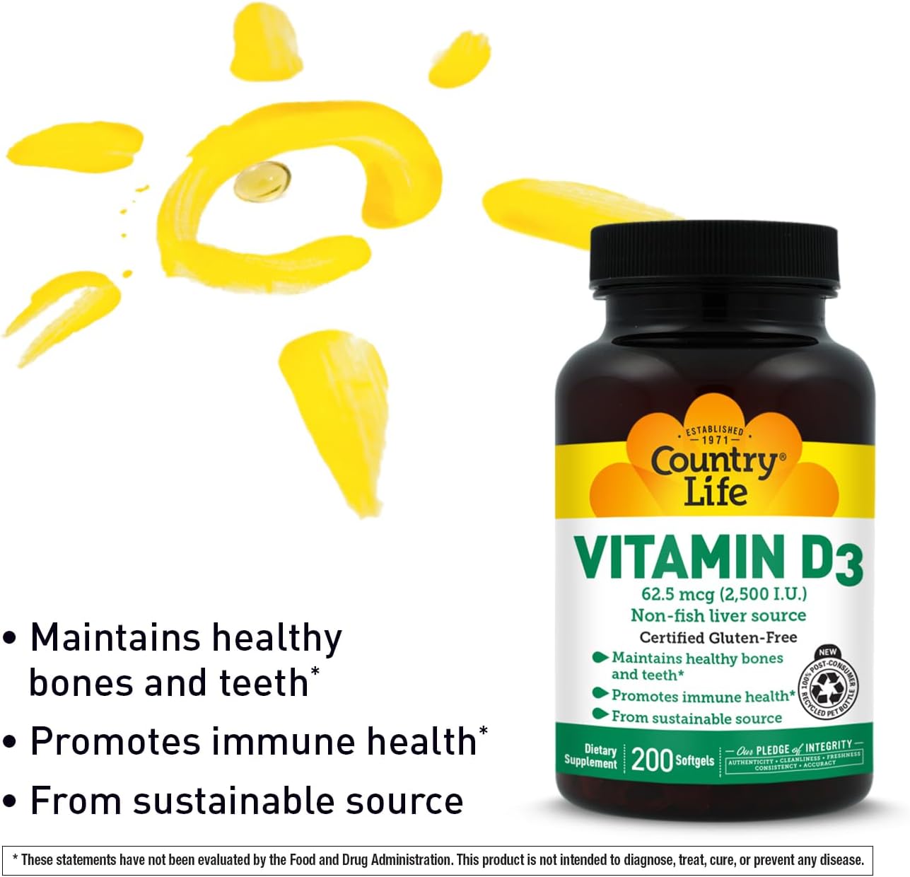 Country Life Vitamina D3 2500 UI – 200 Cápsulas Blandas