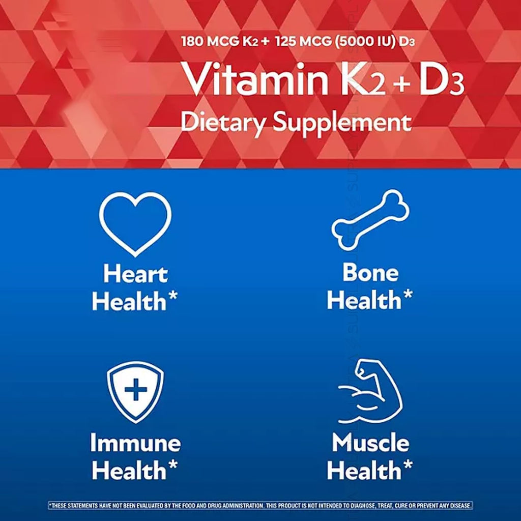 Vitamina K2 + D3 Cápsulas Blandas, 180 mcg y 125 mcg (5000 UI) | Apoyo para Huesos, Corazón e Inmunidad, con MenaQ7 MK-7