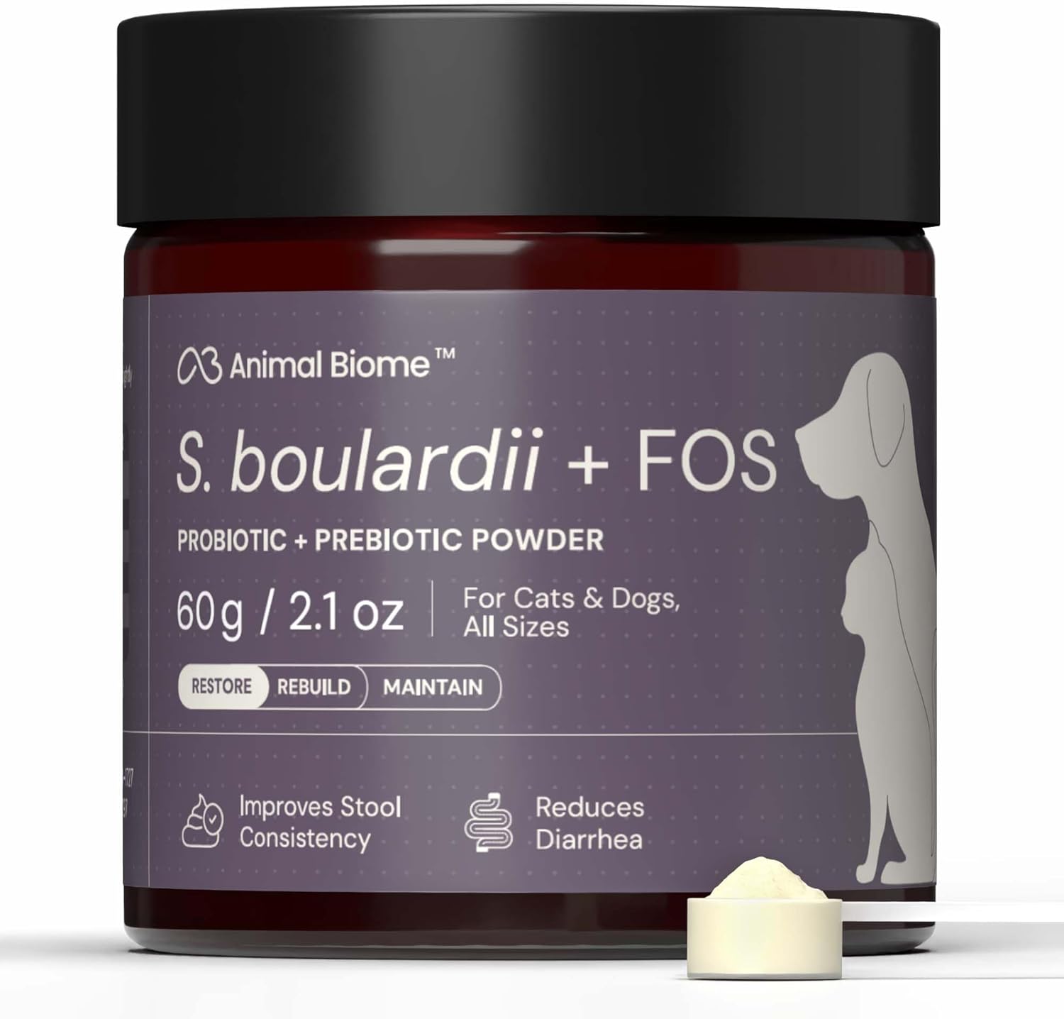 Animal Biome S. Boulardii + FOS Probióticos en Polvo para Perros y Gatos, 60g (100 cucharadas)