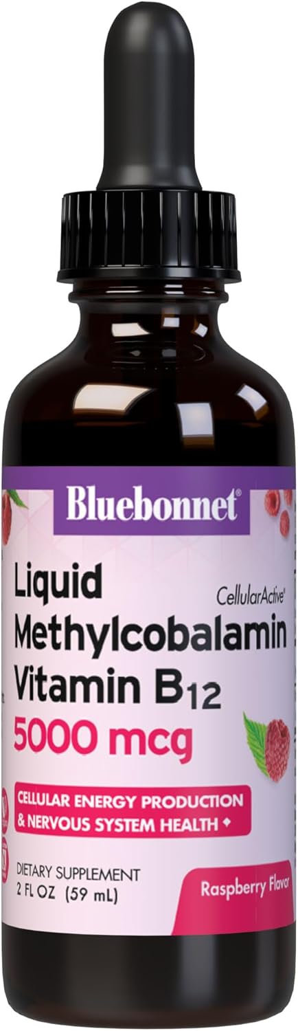 Bluebonnet Methylcobalamin Vitamin B12 5000 mcg Liquid Drops - Raspberry Flavor - 2 fl oz (59 ml)