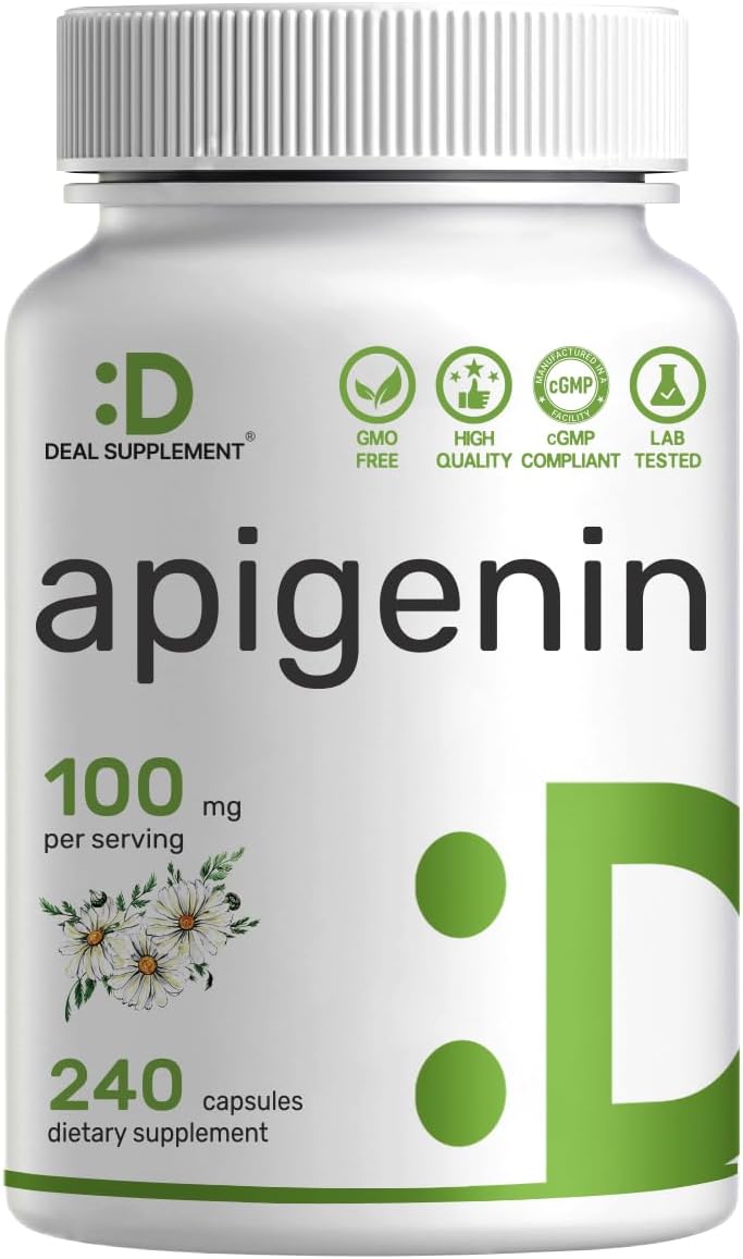 Apigenina, 100mg por dosis, 240 Cápsulas – Extracto Vegetal de Manzanilla – Bioflavonoides y Antioxidantes – Suplemento para Sueño y Relajación – No GMO