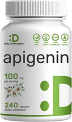 Apigenina, 100mg por dosis, 240 Cápsulas – Extracto Vegetal de Manzanilla – Bioflavonoides y Antioxidantes – Suplemento para Sueño y Relajación – No GMO