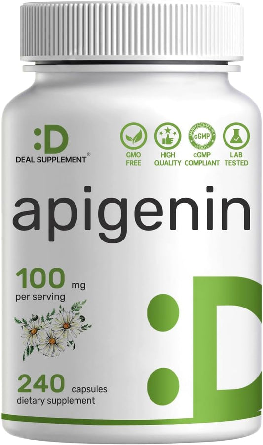 Apigenina, 100mg por dosis, 240 Cápsulas – Extracto Vegetal de Manzanilla – Bioflavonoides y Antioxidantes – Suplemento para Sueño y Relajación – No GMO