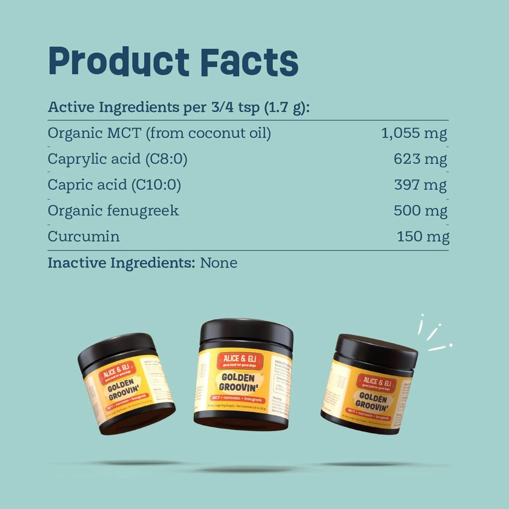 Alice & Eli Golden Groovin' Turmeric para Perros - Apoyo Inmunitario y Articular Natural con Curcumina Orgánica, MCT y Fenogreco - Suministro para 30 Días para Perros Grandes