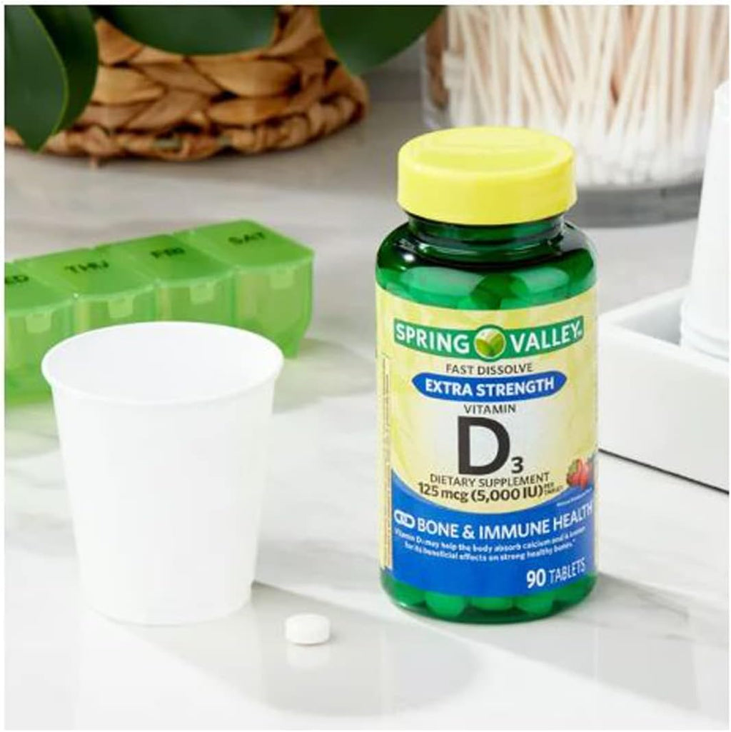 Spring Valley Extra Strength Vitamina D3 Comprimidos Sublinguales, 125 mcg (5000 IU), Sabor Fresa, 90 unidades