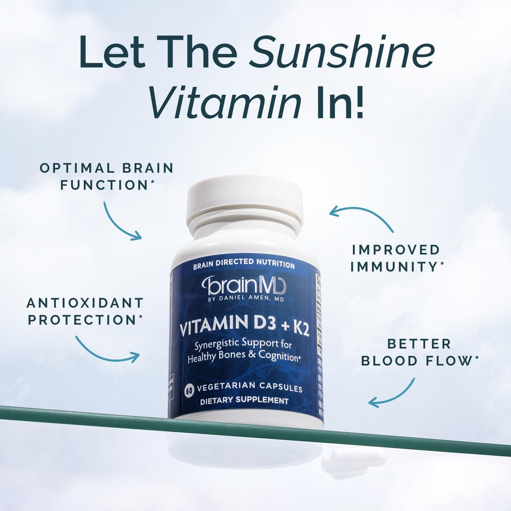 BRAINMD Vitamina D3 + K2, 60 Cápsulas – Apoyo Sinérgico para Huesos y Cognición