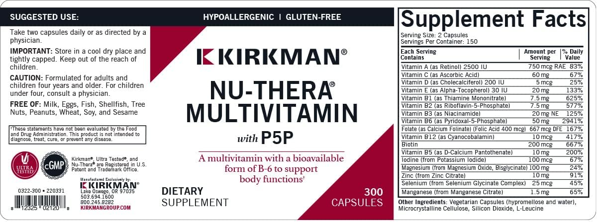 Kirkman Nu-Thera con P-5-P - Hipoalergénico - 300 Cápsulas
