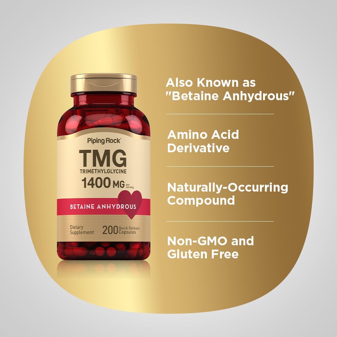Piping Rock TMG Trimethylglycine | 1400 mg | 200 Cápsulas | Betaine Anhydrous Supplement | No Transgénico, Sin Gluten