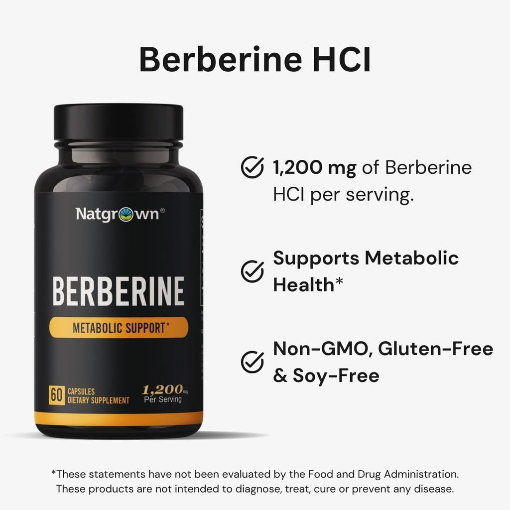 Natgrown Berberine Supplement - Berberine HCl 1200 mg por ración - Vegano, Sin Gluten, No GMO - 60 Cápsulas