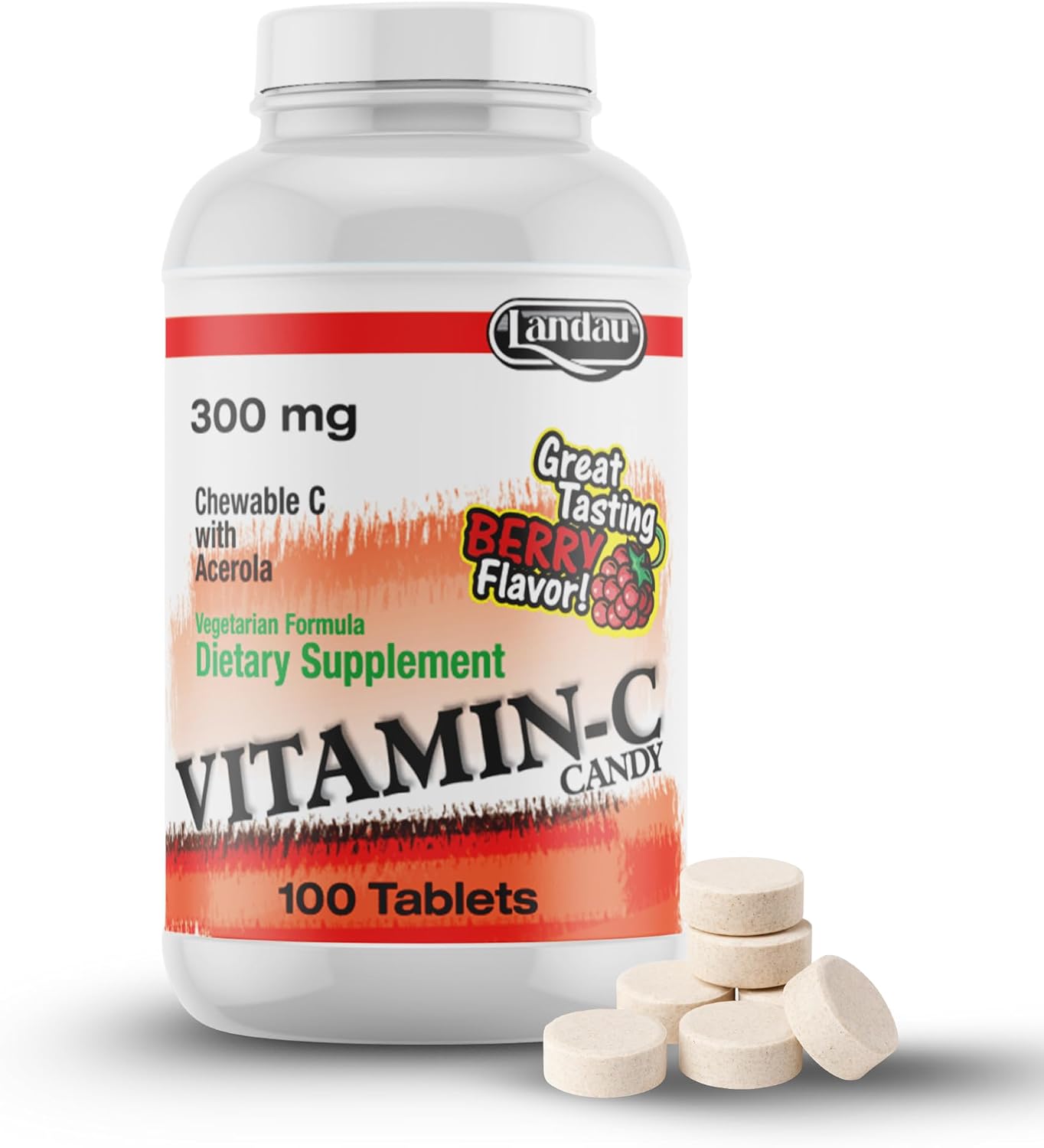 LANDAU 300mg Vitamina C Masticable con Acerola - 500 Comprimidos - Sabor a Baya - Kosher