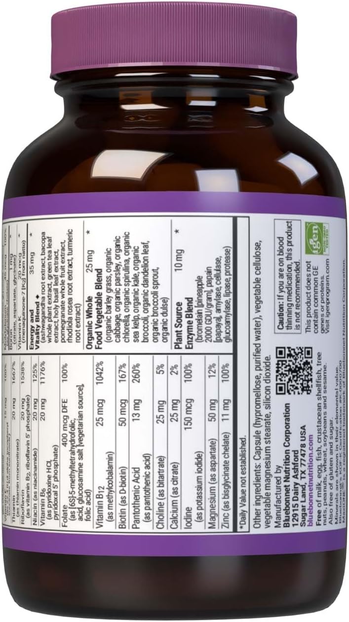 Bluebonnet Maxi One Complete Multivitamin with Enzymes and Minerals, 30 Vegetable Capsules