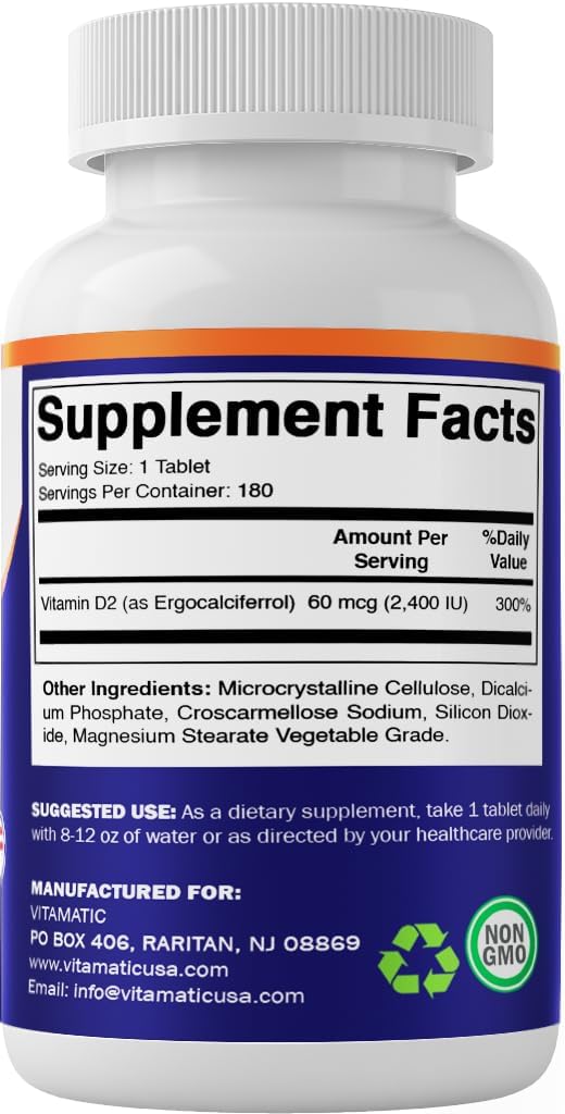 Vitamatic Vitamina D2 2400 IU (60 mcg) – Suplemento Vegano para Huesos e Inmunidad – 180 Comprimidos