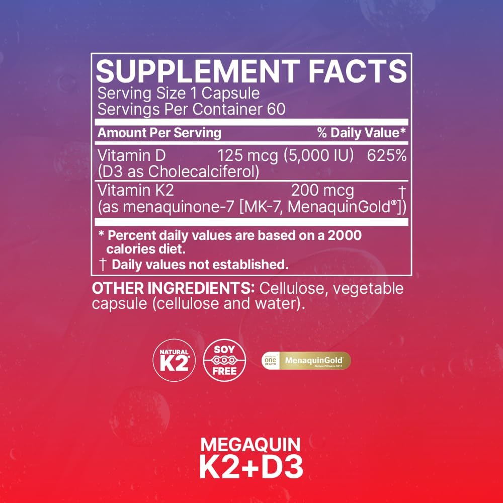 Microbiome Labs MegaQuin D3 + K2 - Vitamina D3 5000 UI y K2 MK-7 - 60 Cápsulas