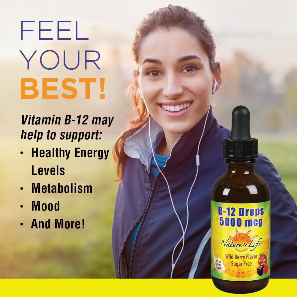 Nature's Life B12 Drops 5000 mcg - Methylcobalamin Vitamin B12 - Natural Mixed Berry Flavor Liquid Supplement, Sugar-Free 59 ml