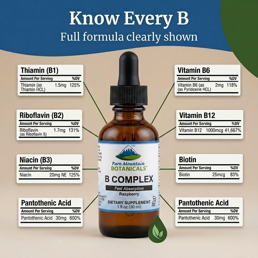 Pure Mountain Botanicals Complejo B Líquido - Vitaminas B12 y B6 - Sabor Frambuesa - Kosher No GMO - 30 Dosis