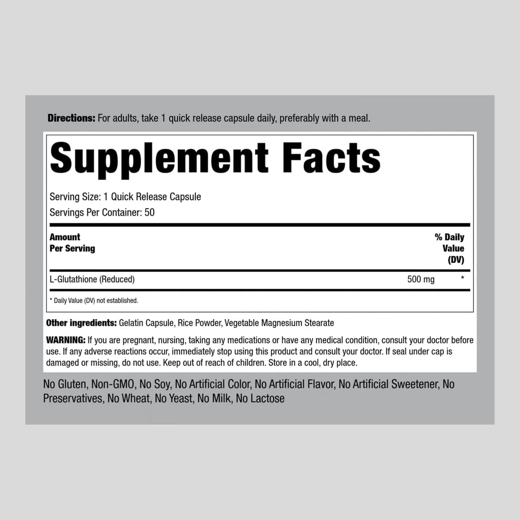 Piping Rock L Glutatión 500 mg, 50 Cápsulas - Forma Reducida, Sin OGM y Sin Gluten