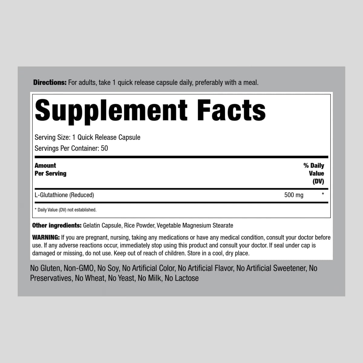 Piping Rock L Glutatión 500 mg, 50 Cápsulas - Forma Reducida, Sin OGM y Sin Gluten