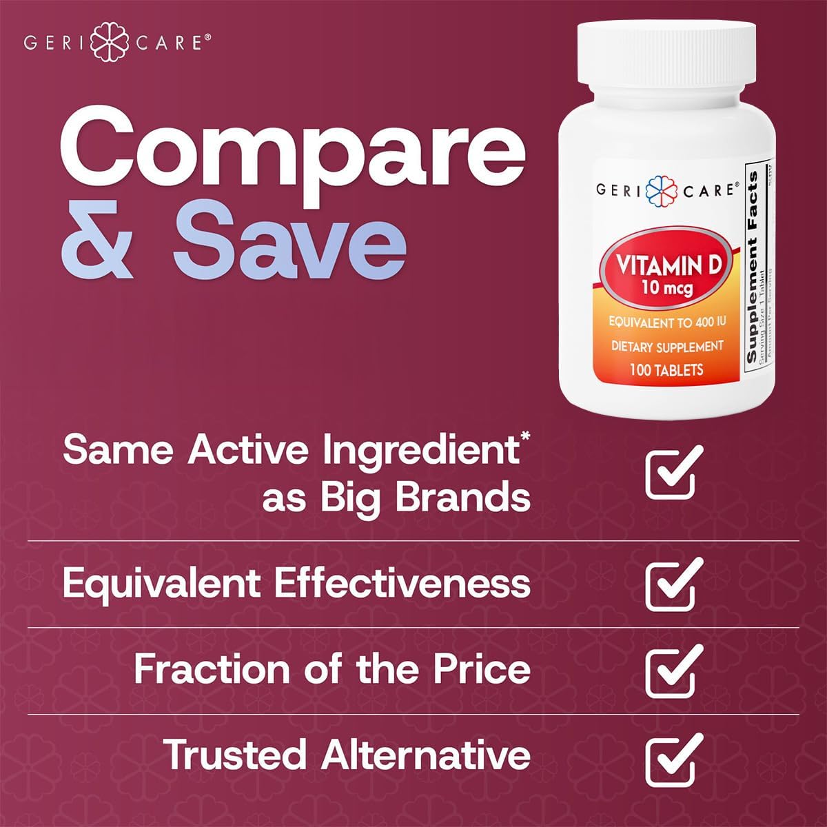 GeriCare Vitamina D-3 (10 mcg 400 UI) y Calcio (25 mg) - Complemento Alimenticio para Huesos, Músculos e Inmunidad - 100 Comprimidos