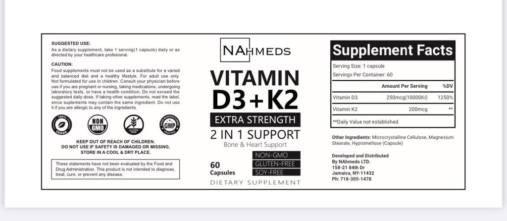 NAhmeds Vitamina D3 + K2 Extra Strength – 60 Cápsulas