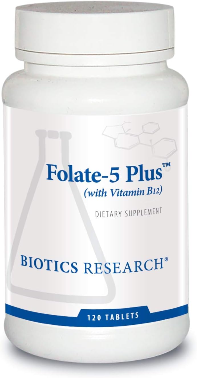 Biotics Research Folate 5 Plus - Ácido Fólico de Alta Potencia con Vitamina B12, 120 comprimidos