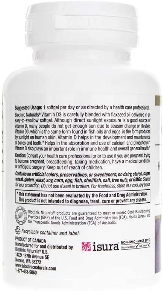 Vitamina D3 2000 UI de Bioclinic Naturals, 180 cápsulas blandas