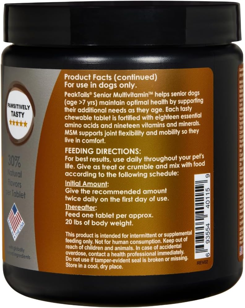 Multivitamínico Senior para Perros – 150 Comprimidos con MSM, SOD, Vitamina C y 19 Nutrientes Esenciales – Apoya la Salud Articular y el Bienestar General