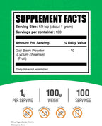 BulkSupplements Polvo de Bayas de Goji - Suplemento Vegano y Sin Gluten, 100 g