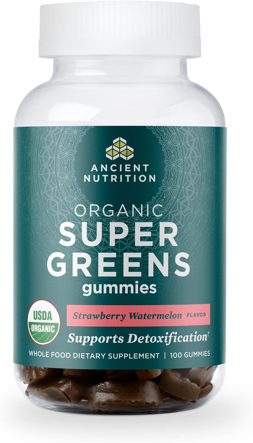 Ancient Nutrition Supergreens Gummy - Gominola Orgánica de Superalimentos con Frutas, Verduras y Hierbas Reales, 100 unidades, Sabor Fresa Sandía