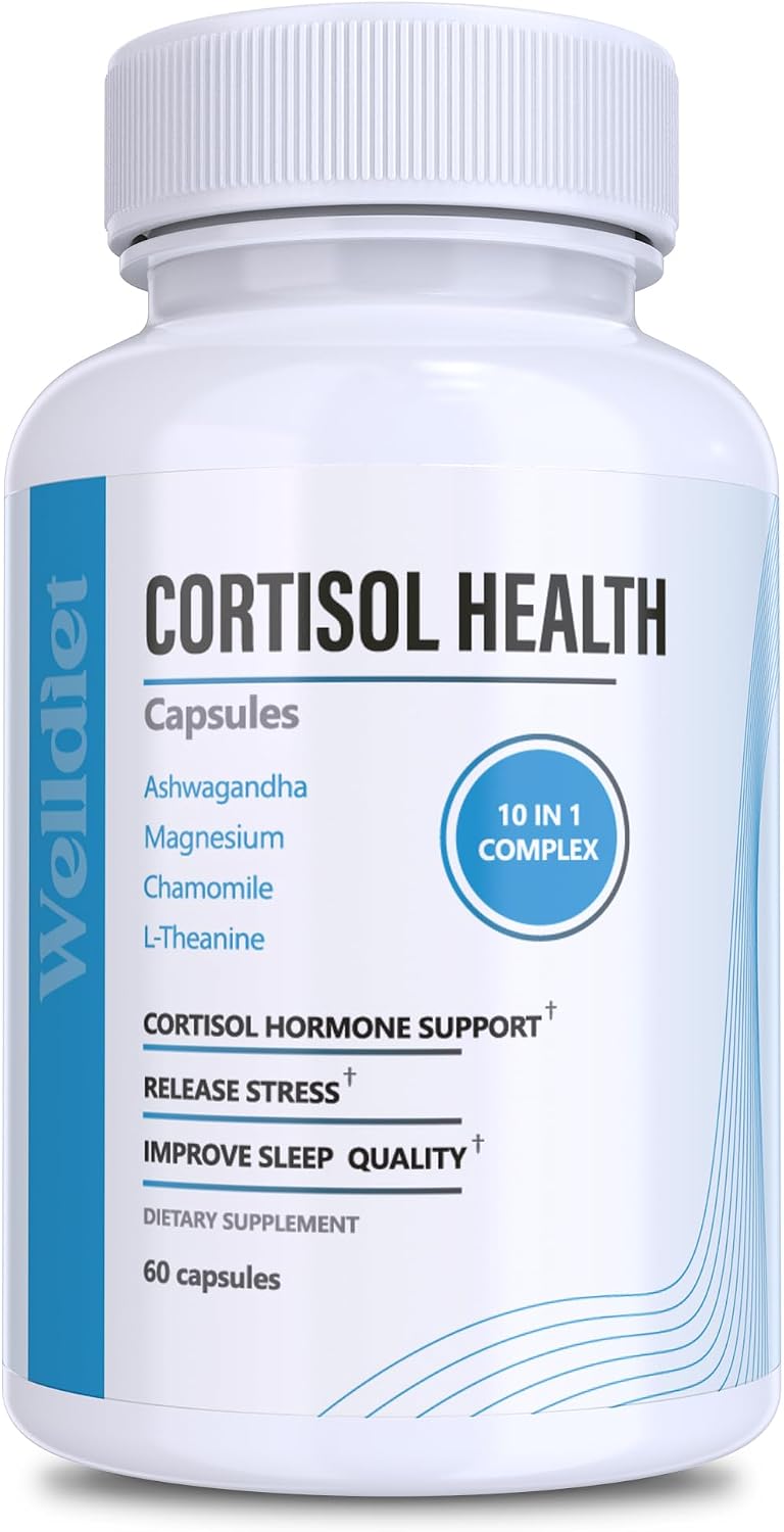 Welldiet 10-in-1 Cortisol Supplement with Magnesium, Ashwagandha, Chamomile, L-Theanine, St. John's Wort, Rhodiola – 60 Cápsulas