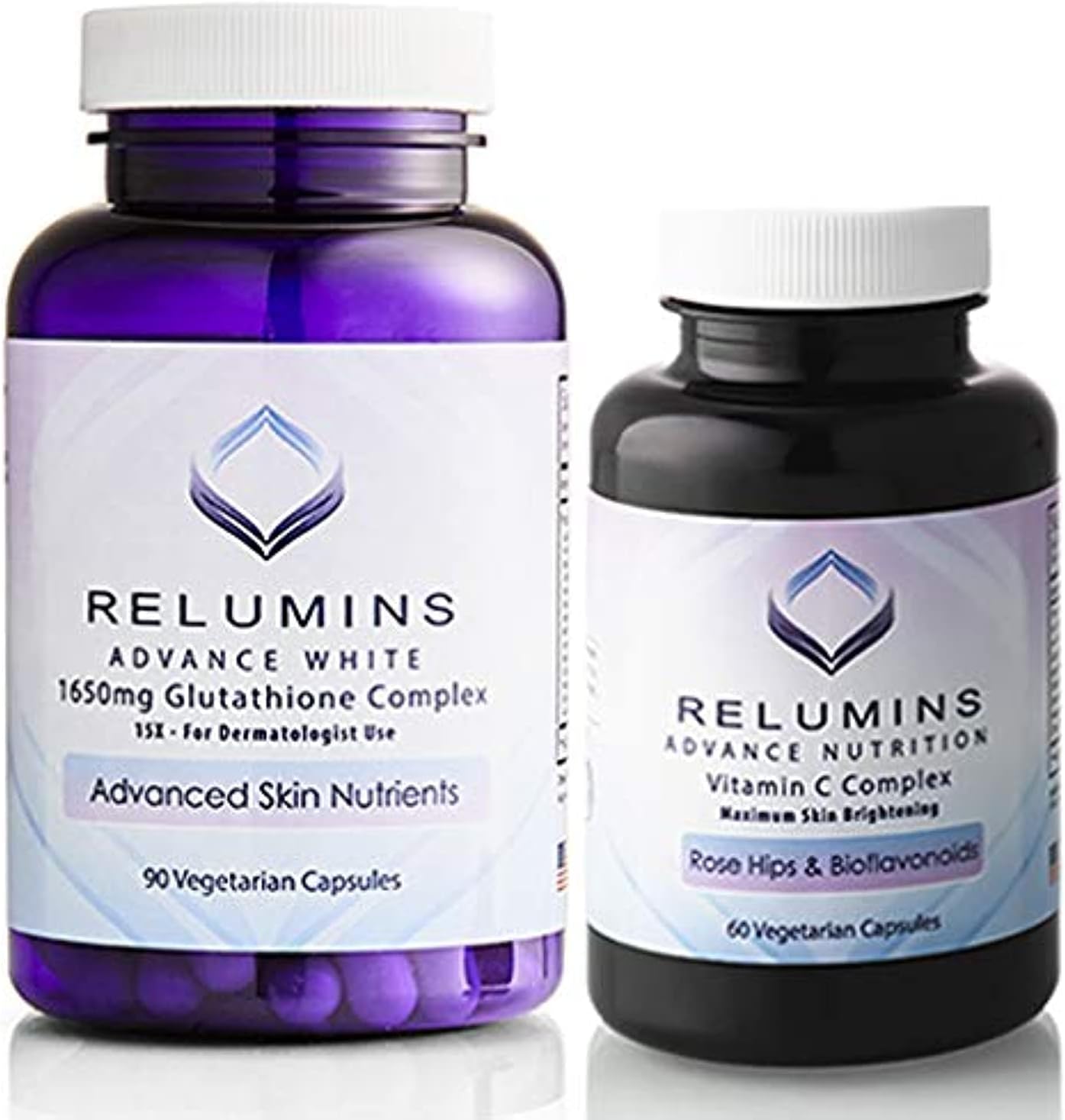 Relumins Advanced White Set - Complejo de Glutatión 1650 mg (90 Cápsulas) y Vitamina C Avanzada con Escaramujo y Bioflavonoides (60 Cápsulas)