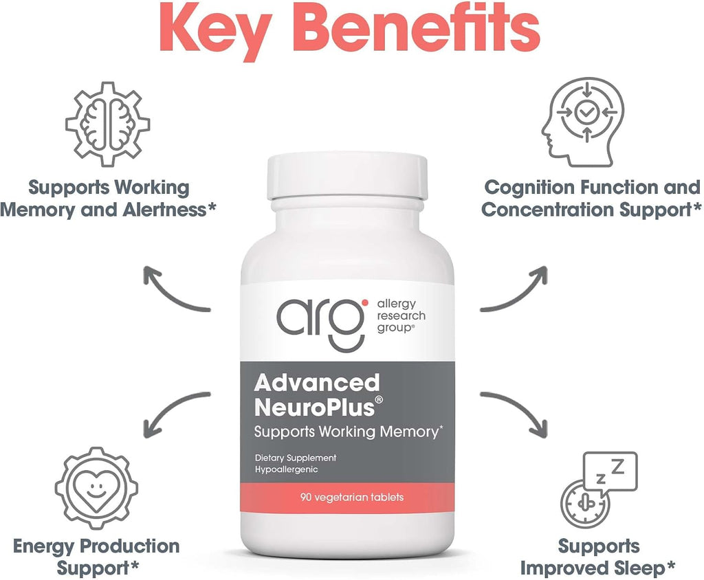 Advanced NeuroPlus de Allergy Research Group - Fórmula Nootrópica con Extracto de Menta, Melena de León y Citicolina - 90 Comprimidos